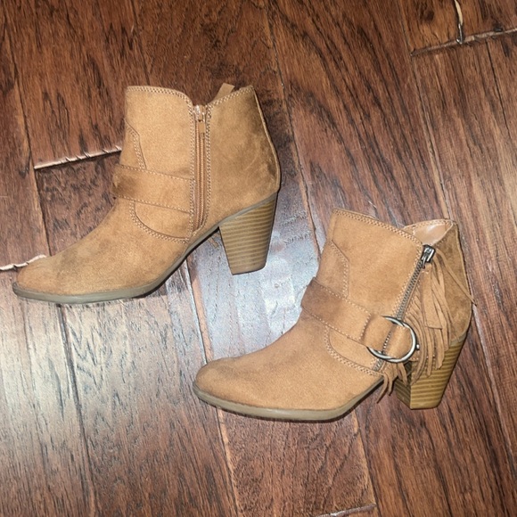 Índigo brown suede ankle boots chunky heel fringe & buckle side zip up size 7 - Picture 3 of 12